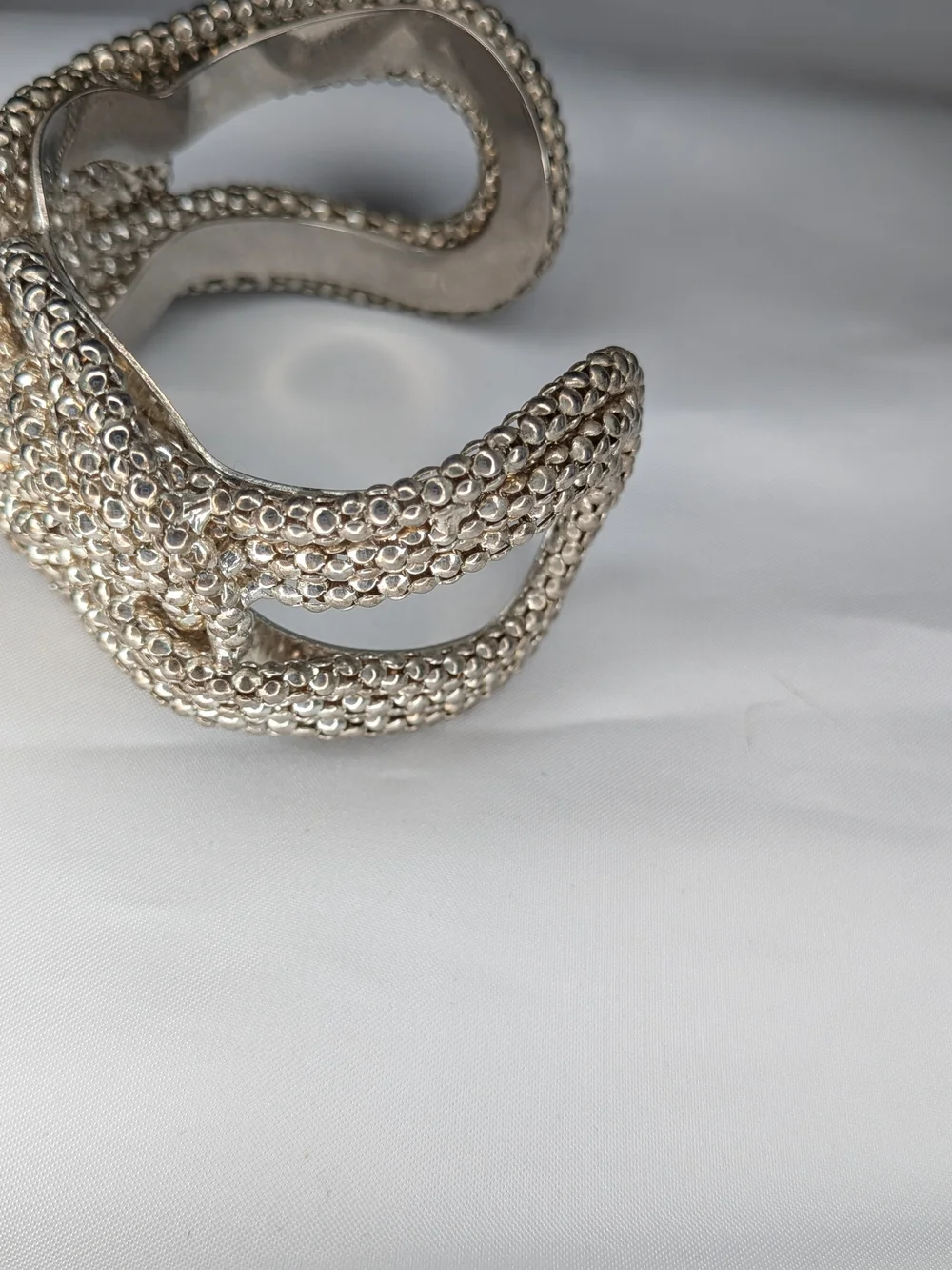 Silver Tone Woven Knot Flexible Cuff Bracelet Textured Caviar Bead Statement
